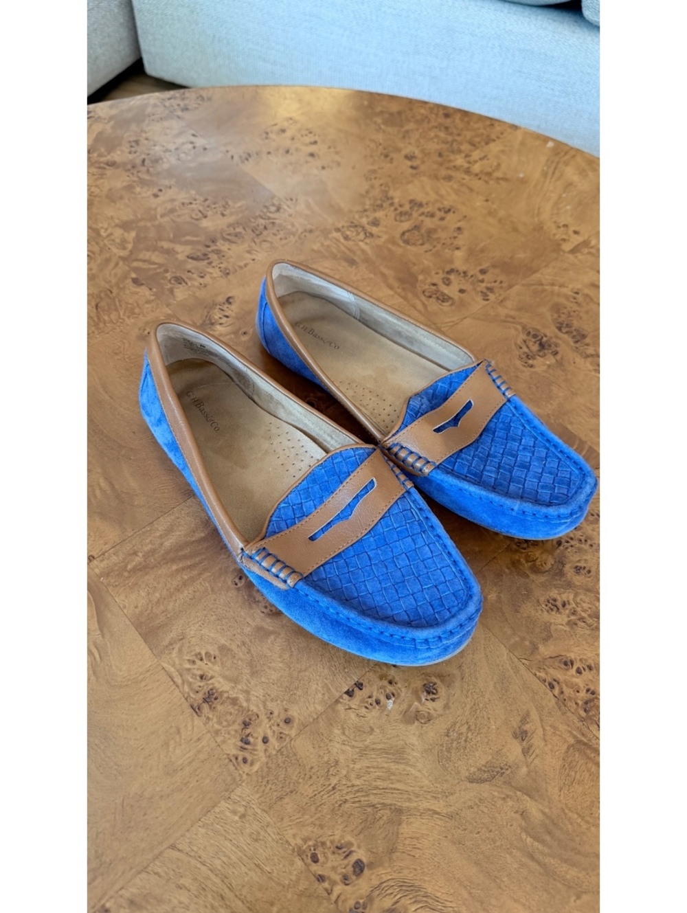 G.H. Bass & Co. Blue Suede Driving Loafers with Brown Trim